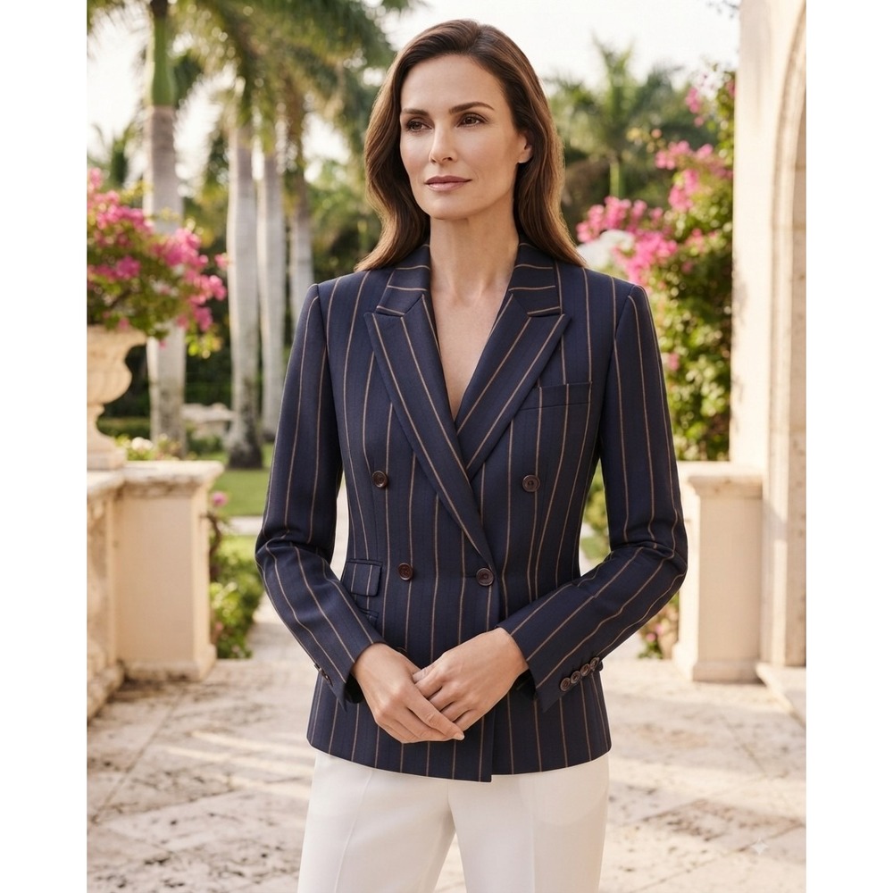 Escada Navy Pinstripe Double Breasted Blazer Jacket Peak Lapel Professional Navy